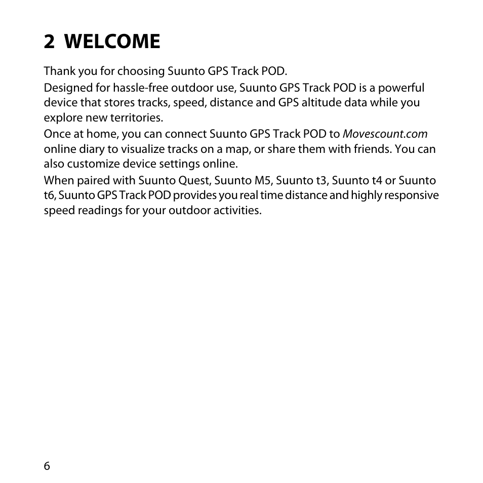 2 welcome | SUUNTO GPS TRACK POD User Manual | Page 6 / 32