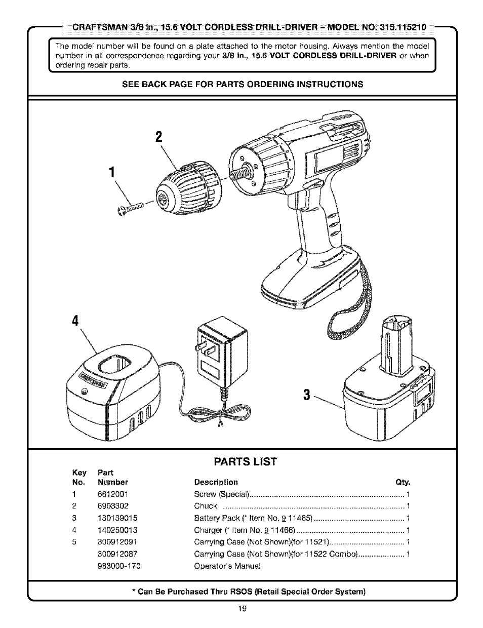 Parts list | Craftsman 315.115210 User Manual | Page 19 / 19