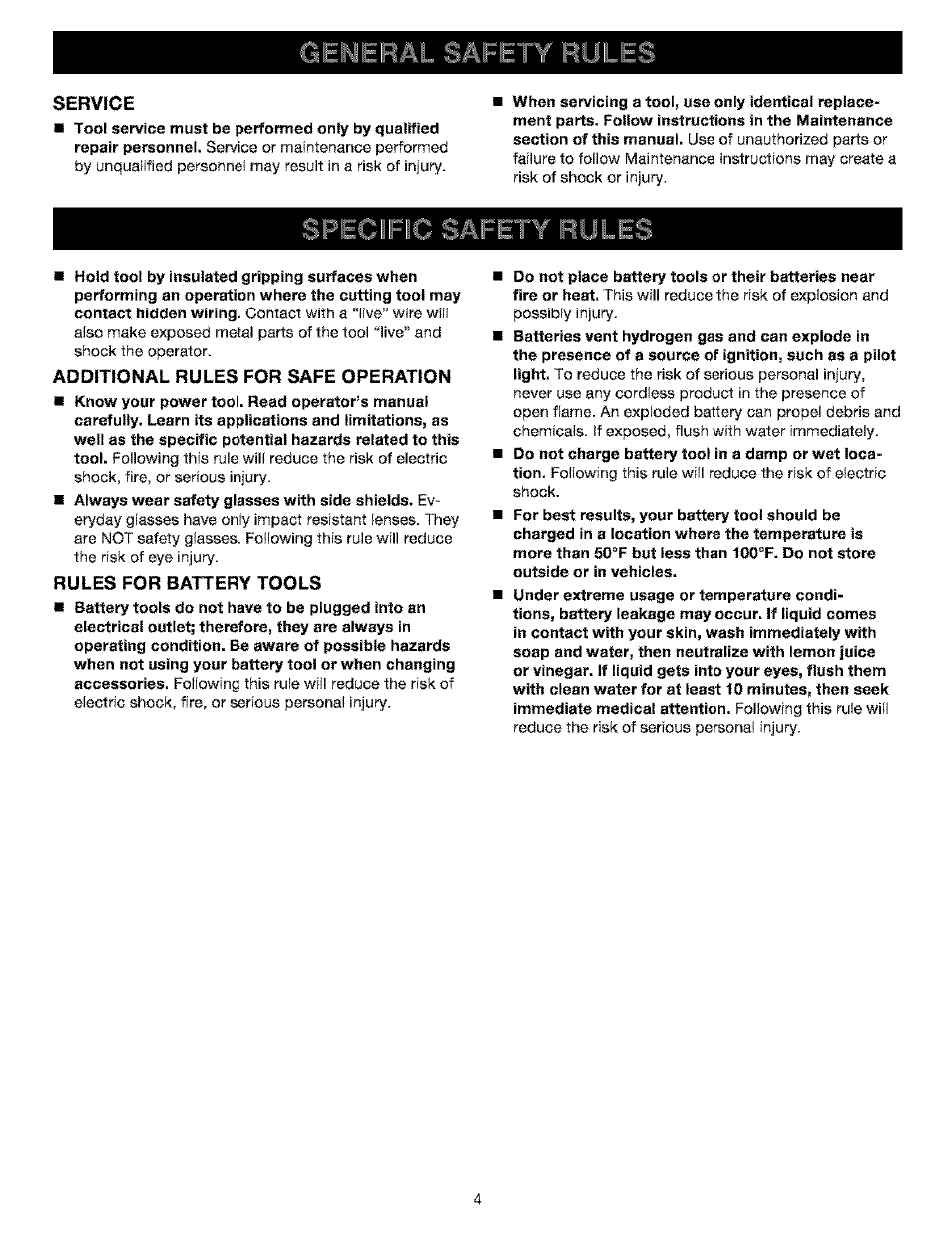 Service, Additional rules for safe operation, Rules for battery tools | Craftsman 315.115210 User Manual | Page 4 / 19