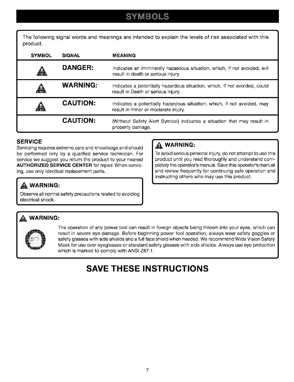 Adanger, Av\^arning, Acaution | Caution, Save these instructions | Craftsman 315.115210 User Manual | Page 7 / 19