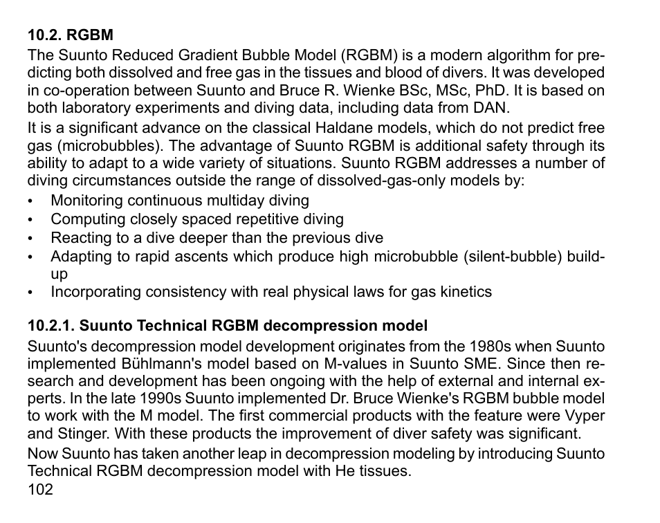 Rgbm, Suunto technical rgbm decompression model | SUUNTO HELO2 User Manual | Page 102 / 116