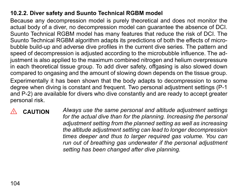 Diver safety and suunto technical rgbm model | SUUNTO HELO2 User Manual | Page 104 / 116