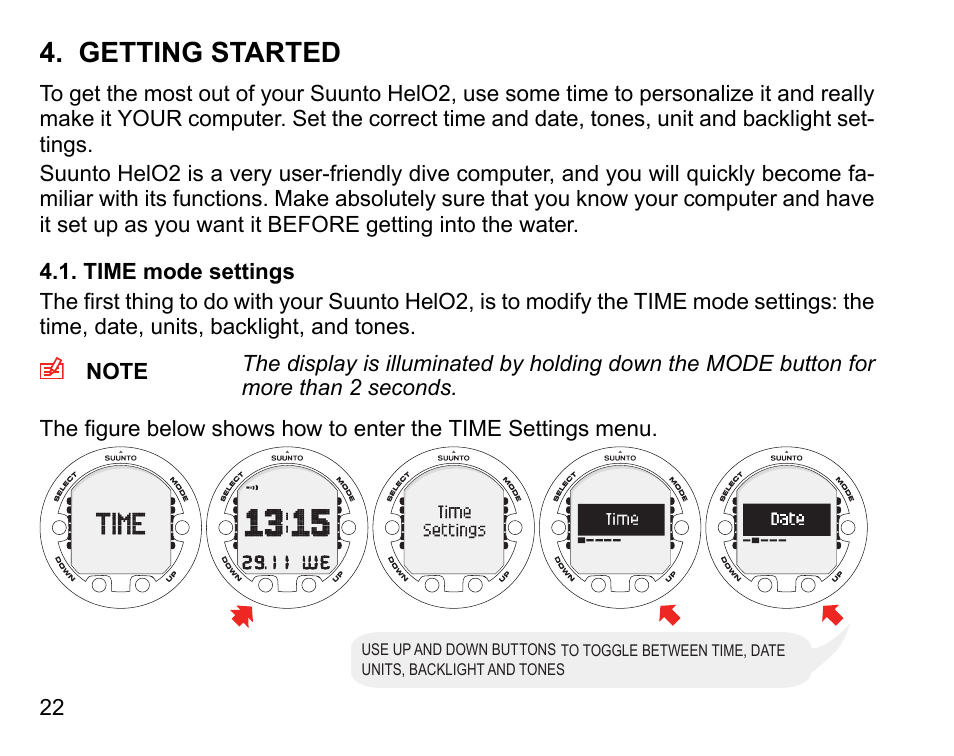 Getting started, Time mode settings | SUUNTO HELO2 User Manual | Page 22 / 116