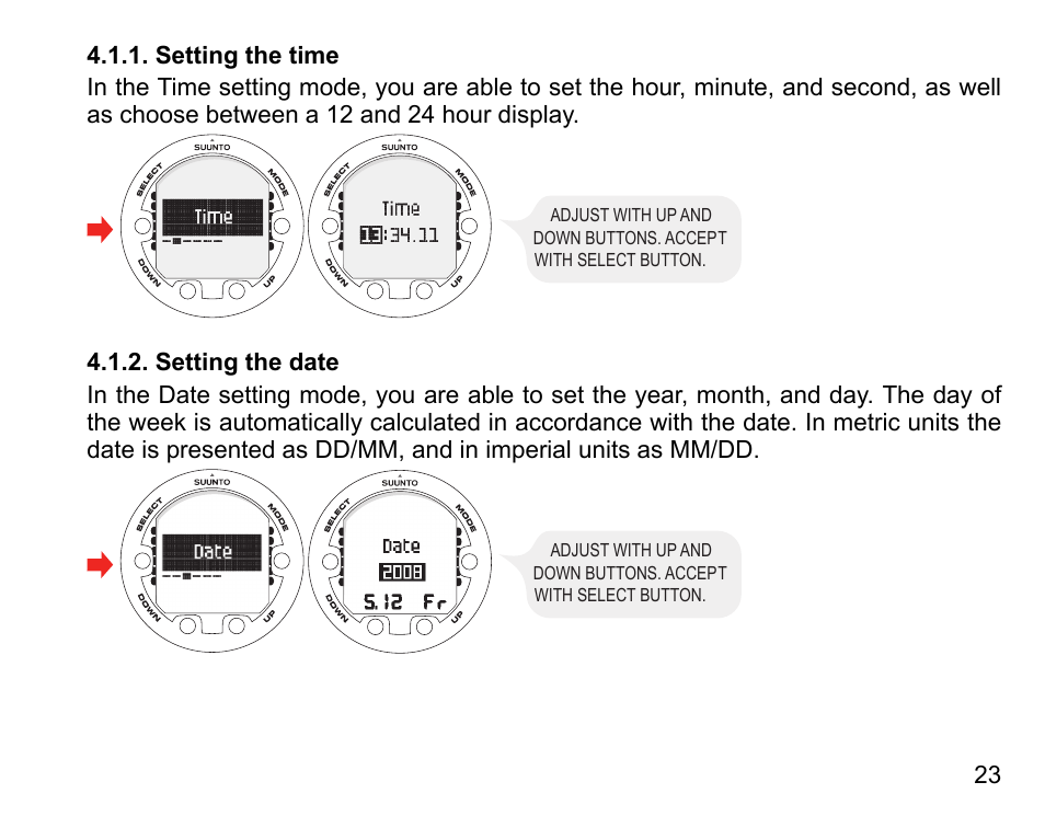 Setting the time, Setting the date, 23 4.1.2. setting the date | SUUNTO HELO2 User Manual | Page 23 / 116