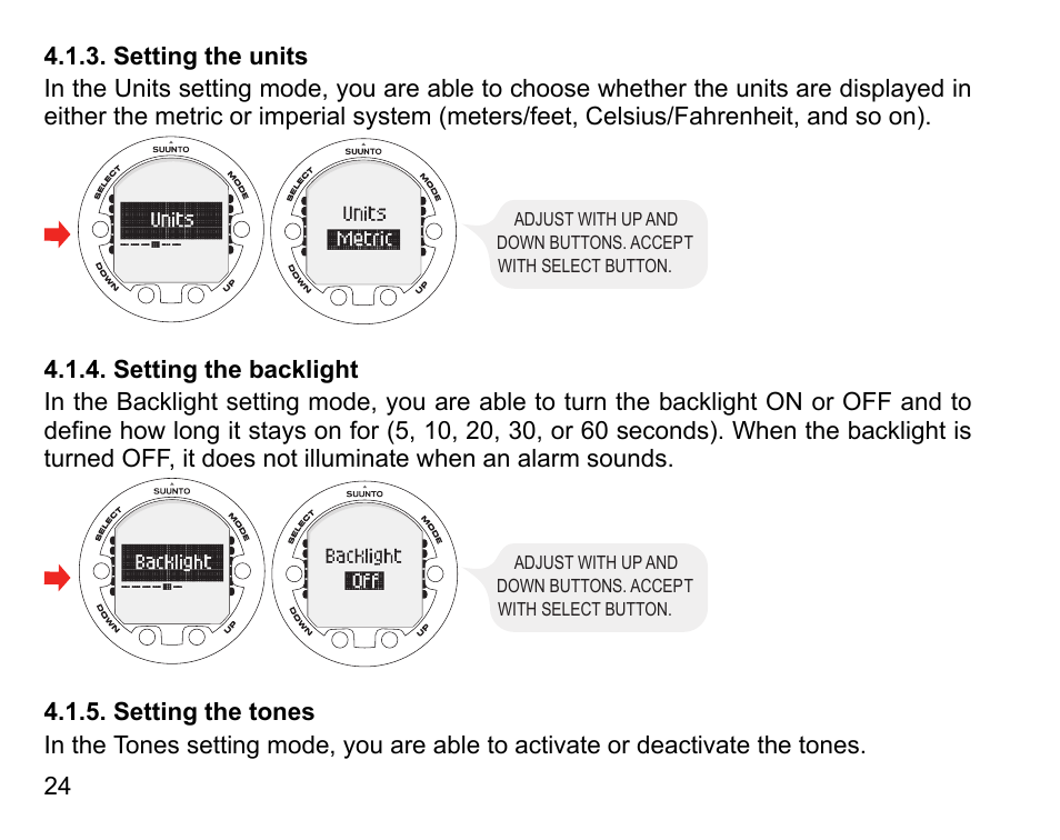 Setting the units, Setting the backlight, Setting the tones | 24 4.1.4. setting the backlight, 24 4.1.5. setting the tones | SUUNTO HELO2 User Manual | Page 24 / 116