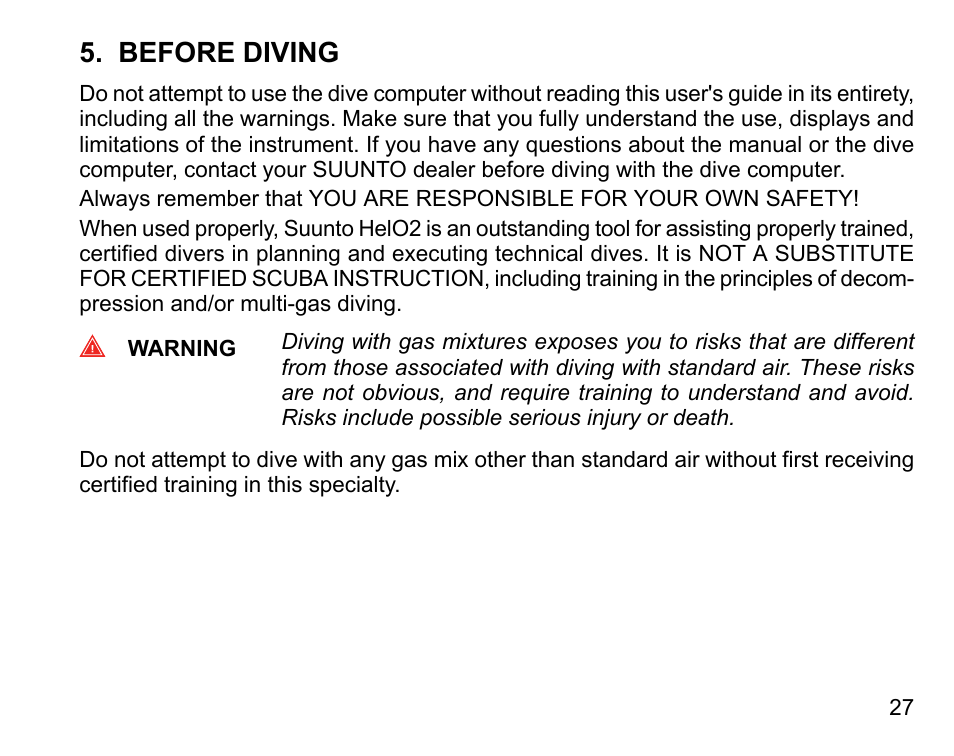 Before diving | SUUNTO HELO2 User Manual | Page 27 / 116