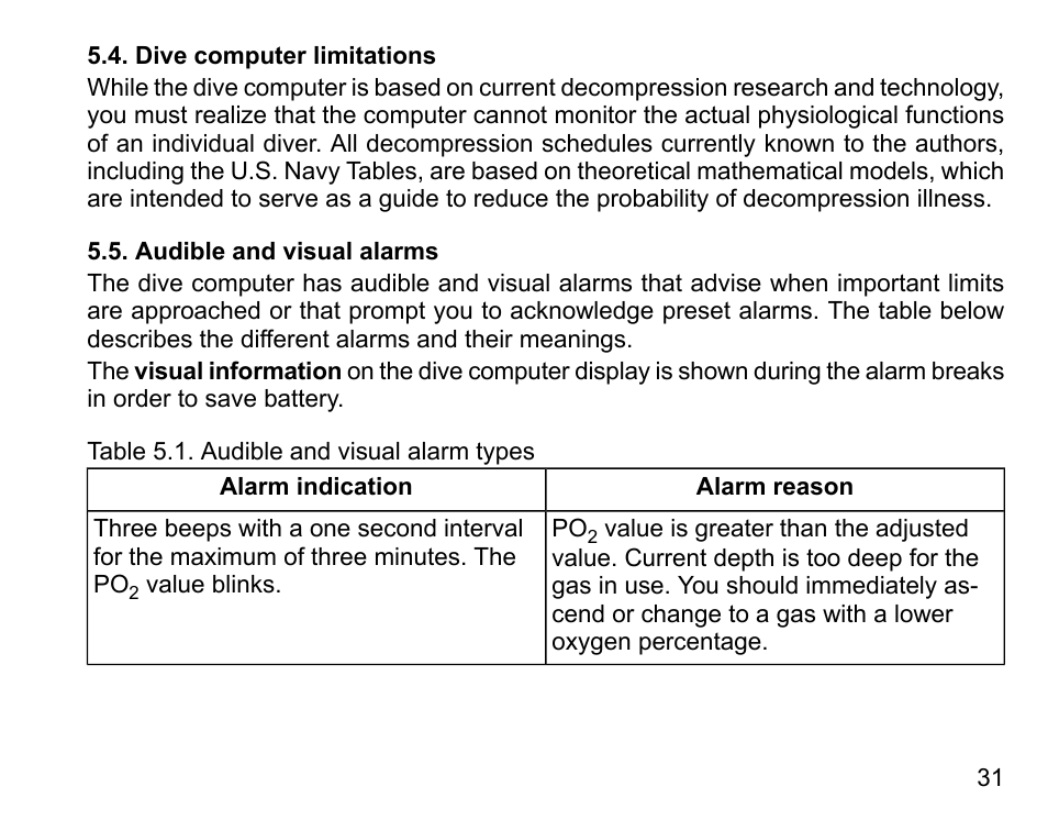 Dive computer limitations, Audible and visual alarms, 31 5.5. audible and visual alarms | SUUNTO HELO2 User Manual | Page 31 / 116