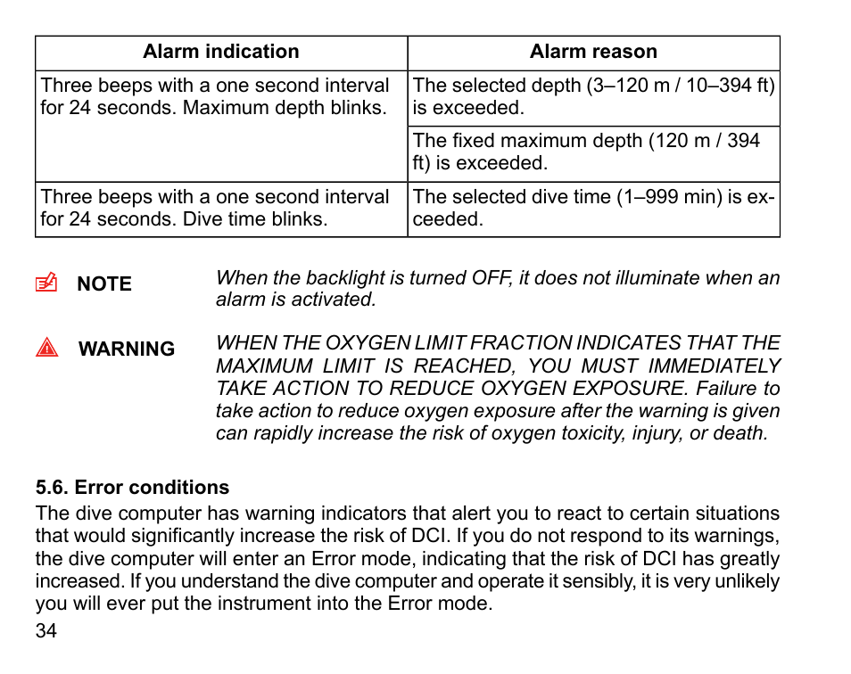 Error conditions | SUUNTO HELO2 User Manual | Page 34 / 116