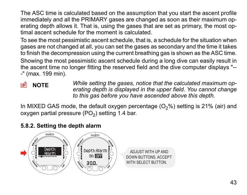 Setting the depth alarm | SUUNTO HELO2 User Manual | Page 43 / 116