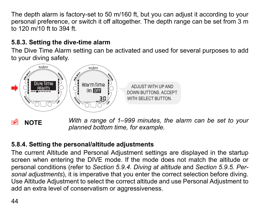 Setting the dive-time alarm, Setting the personal/altitude adjustments | SUUNTO HELO2 User Manual | Page 44 / 116