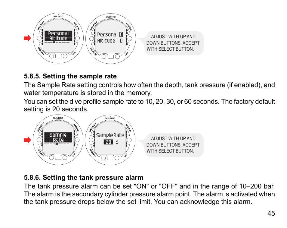 Setting the sample rate, Setting the tank pressure alarm, 45 5.8.6. setting the tank pressure alarm | SUUNTO HELO2 User Manual | Page 45 / 116