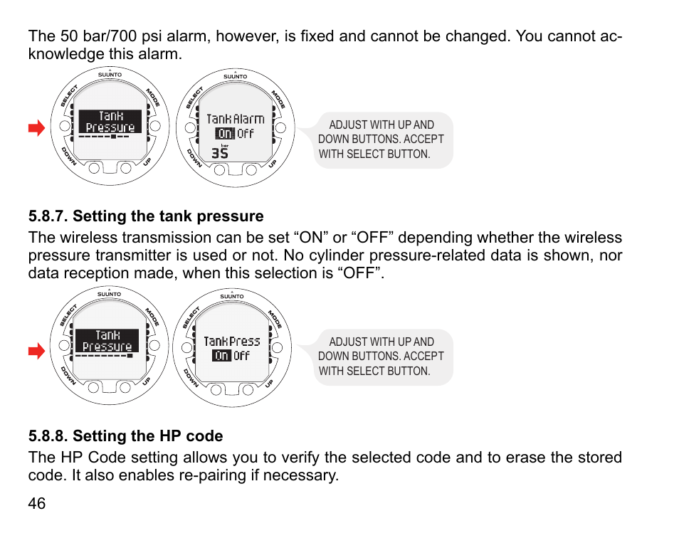 Setting the tank pressure, Setting the hp code, 46 5.8.8. setting the hp code | SUUNTO HELO2 User Manual | Page 46 / 116