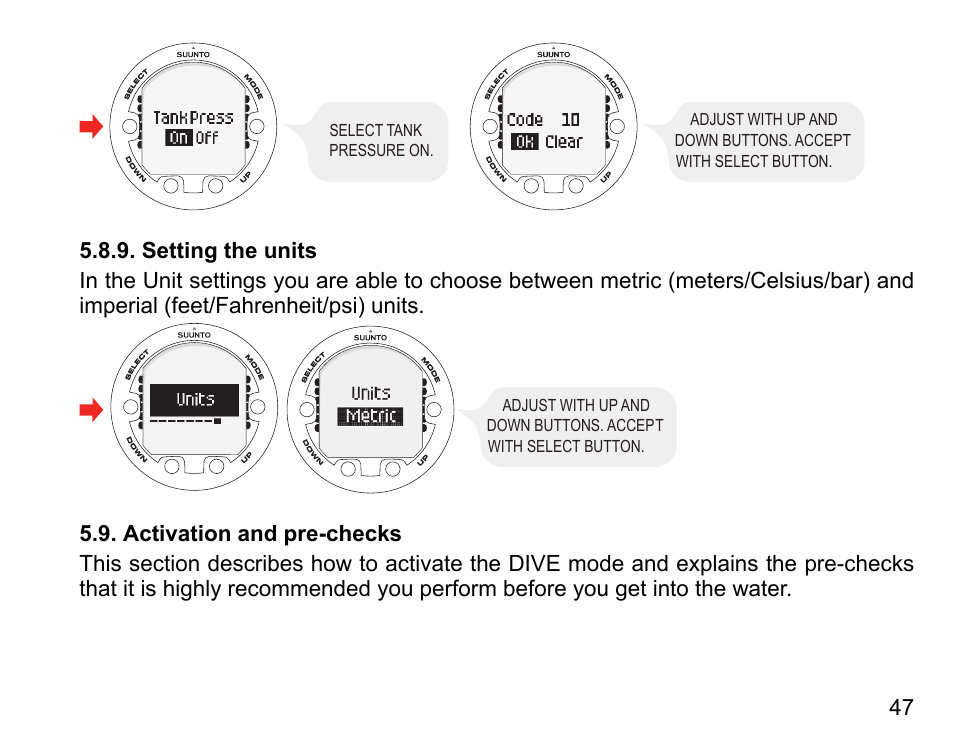 Setting the units, Activation and pre-checks | SUUNTO HELO2 User Manual | Page 47 / 116