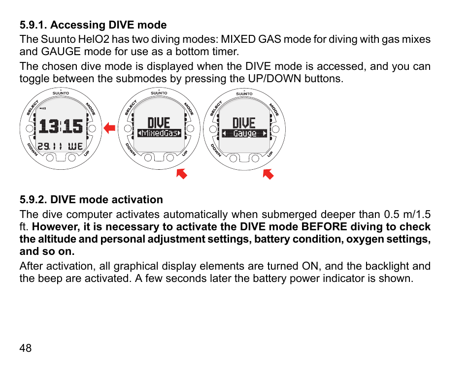 Accessing dive mode, Dive mode activation, 48 5.9.2. dive mode activation | SUUNTO HELO2 User Manual | Page 48 / 116