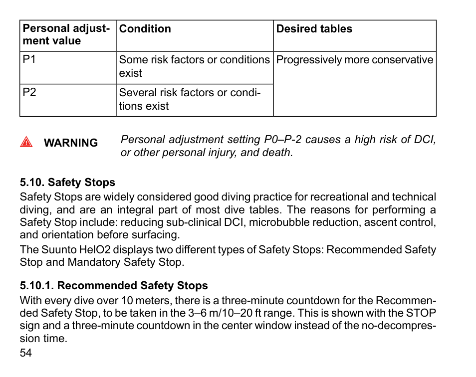 Safety stops, Recommended safety stops | SUUNTO HELO2 User Manual | Page 54 / 116