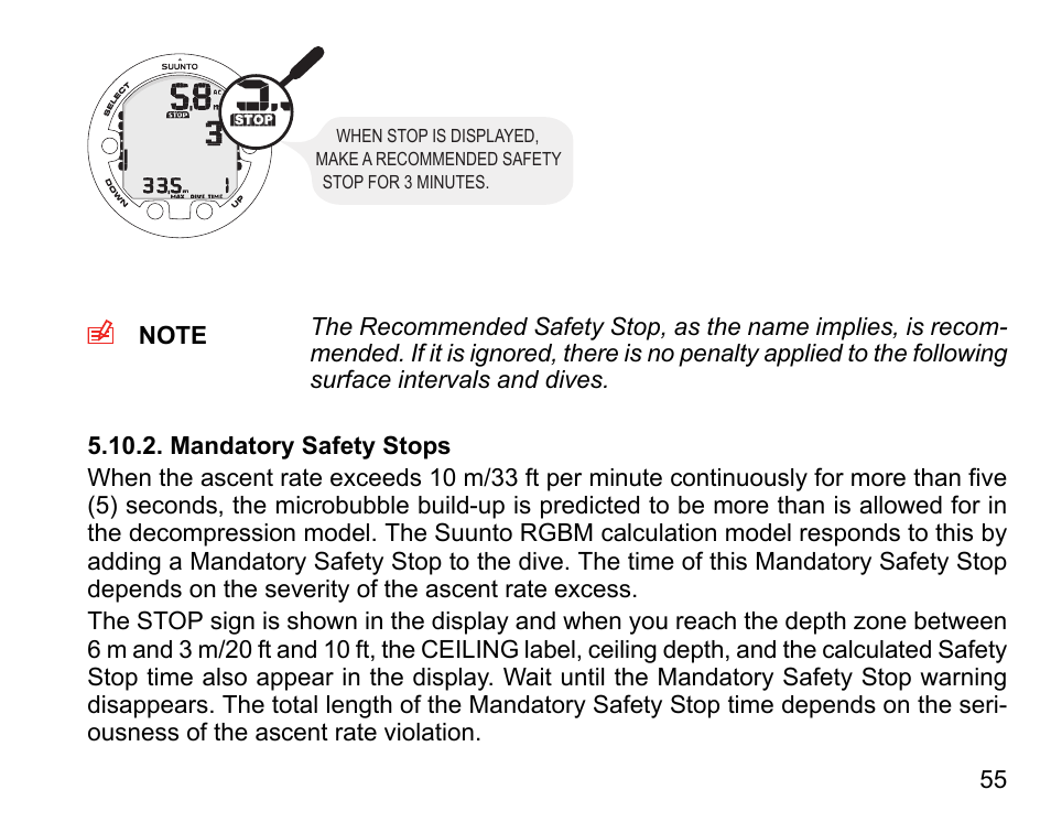 Mandatory safety stops | SUUNTO HELO2 User Manual | Page 55 / 116