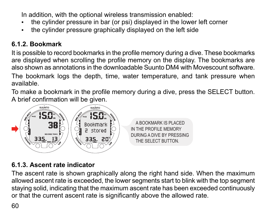 Bookmark, Ascent rate indicator, 60 6.1.3. ascent rate indicator | SUUNTO HELO2 User Manual | Page 60 / 116