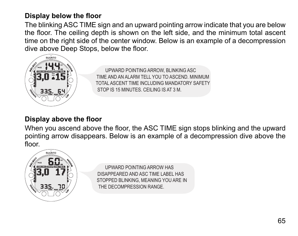 Display below the floor, Display above the floor | SUUNTO HELO2 User Manual | Page 65 / 116