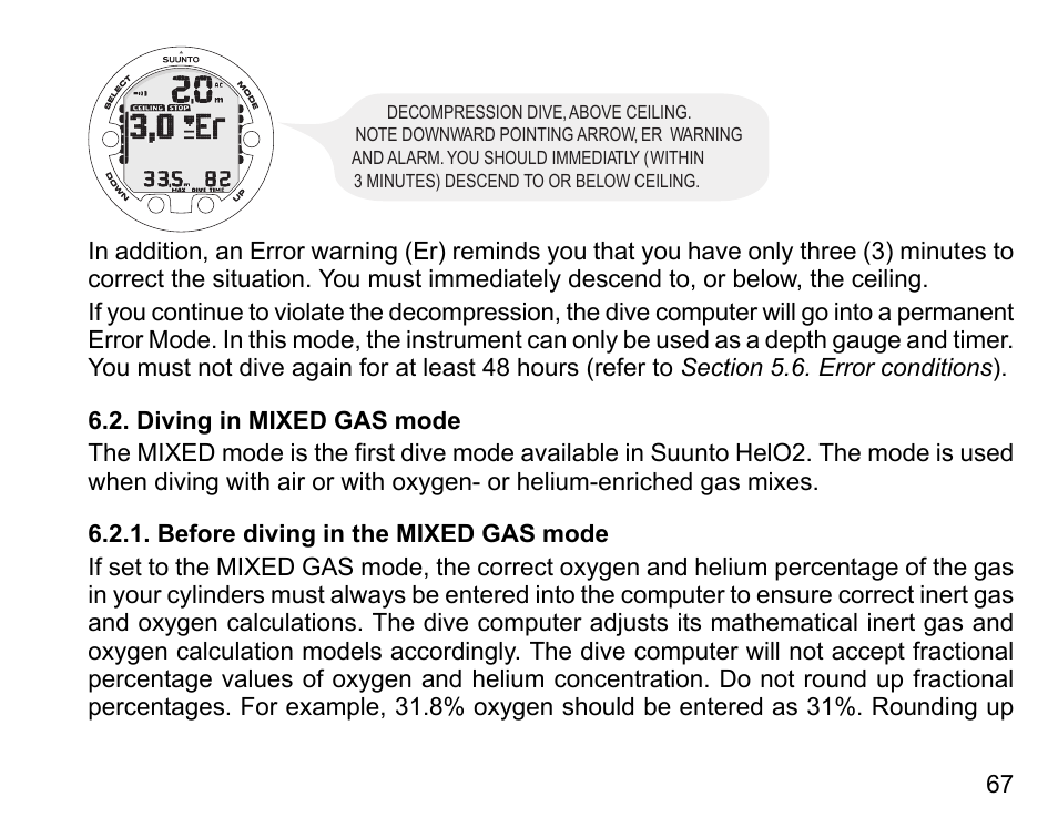 Diving in mixed gas mode, Before diving in the mixed gas mode | SUUNTO HELO2 User Manual | Page 67 / 116