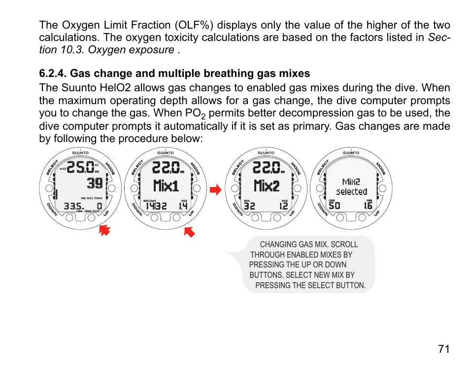 Gas change and multiple breathing gas mixes | SUUNTO HELO2 User Manual | Page 71 / 116