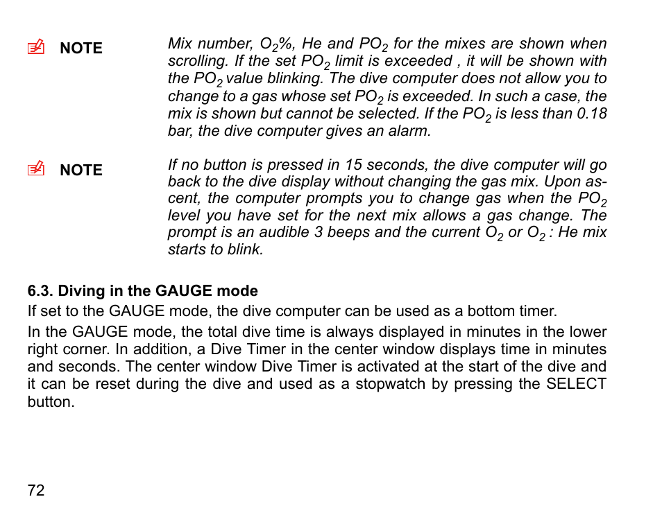 Diving in the gauge mode | SUUNTO HELO2 User Manual | Page 72 / 116