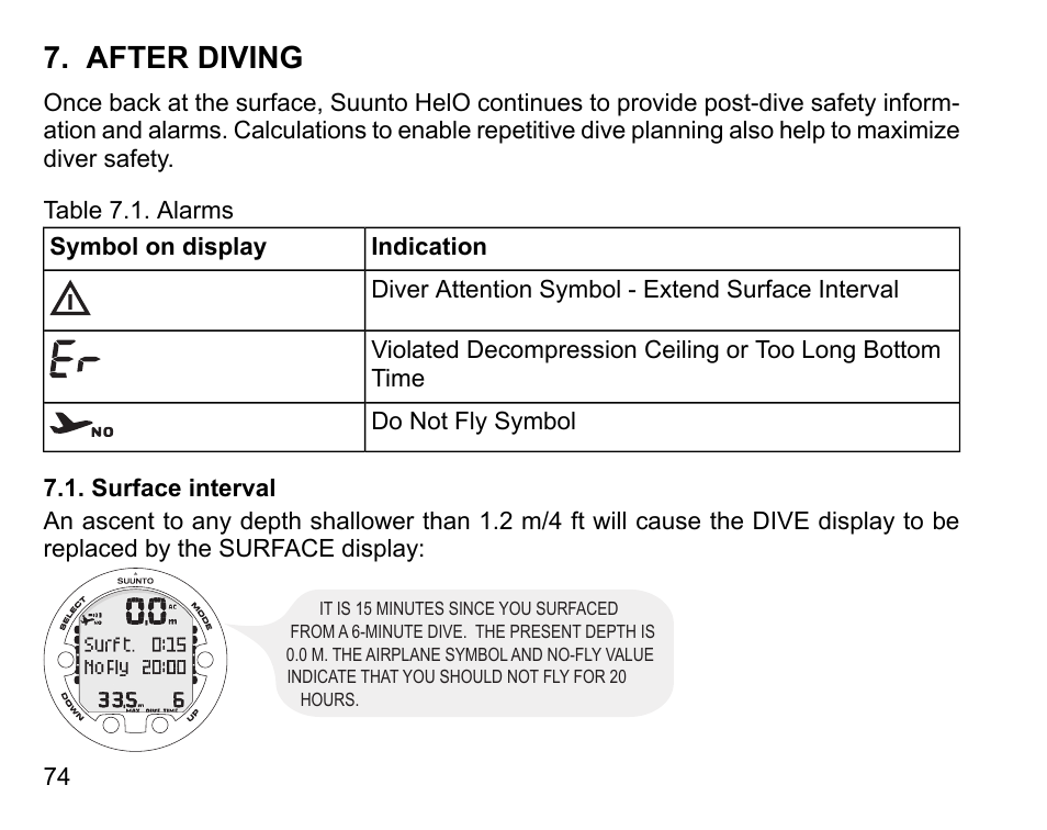 After diving, Surface interval | SUUNTO HELO2 User Manual | Page 74 / 116