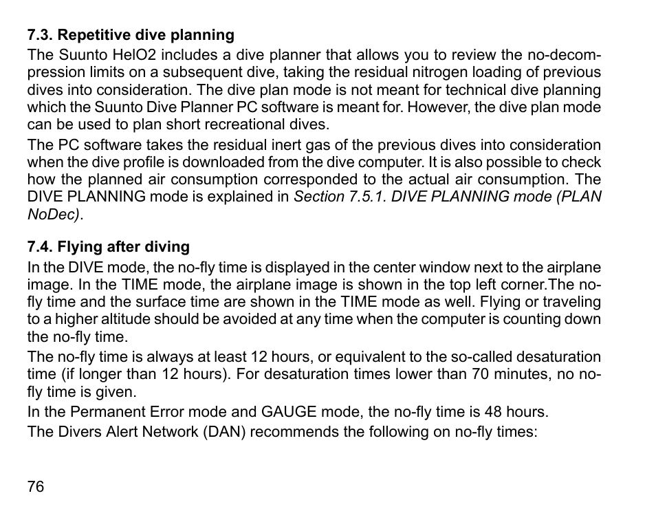 Repetitive dive planning, Flying after diving, 76 7.4. flying after diving | SUUNTO HELO2 User Manual | Page 76 / 116