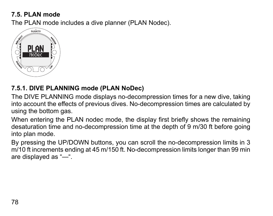 Plan mode, Dive planning mode (plan nodec) | SUUNTO HELO2 User Manual | Page 78 / 116