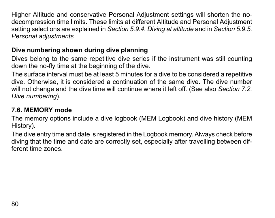 Dive numbering shown during dive planning, Memory mode | SUUNTO HELO2 User Manual | Page 80 / 116