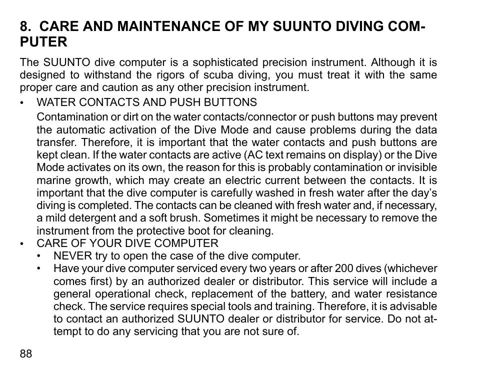 Care and maintenance of my suunto diving computer | SUUNTO HELO2 User Manual | Page 88 / 116