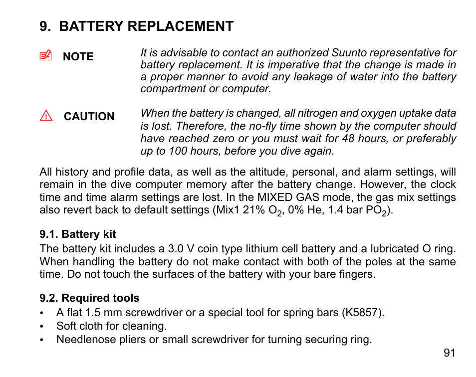 Battery replacement, Battery kit, Required tools | 91 9.2. required tools | SUUNTO HELO2 User Manual | Page 91 / 116