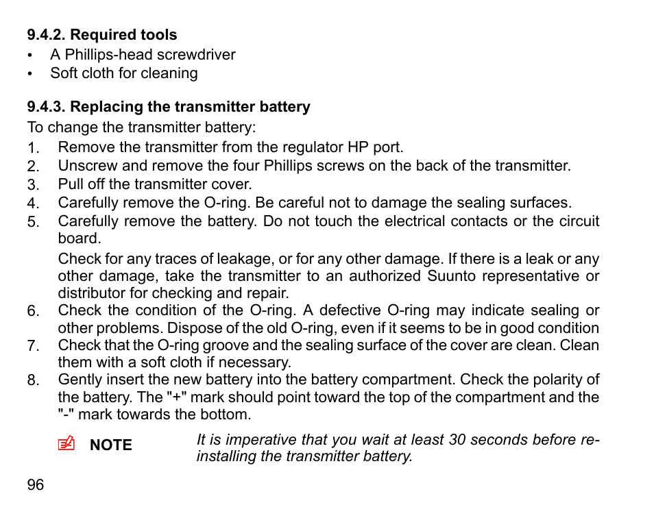 Required tools, Replacing the transmitter battery, 96 9.4.3. replacing the transmitter battery | SUUNTO HELO2 User Manual | Page 96 / 116