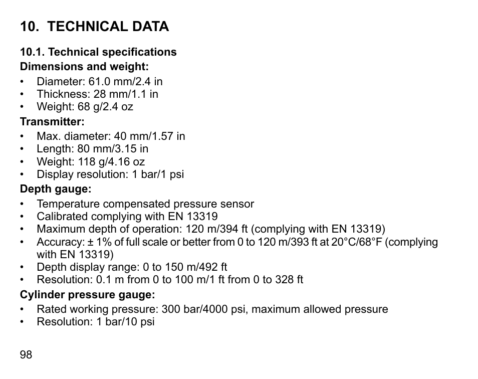 Technical data, Technical specifications | SUUNTO HELO2 User Manual | Page 98 / 116