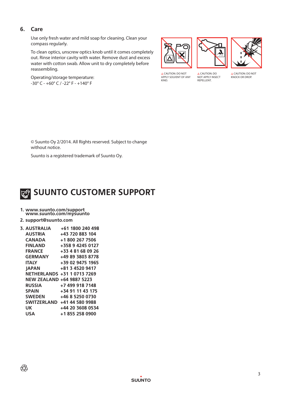 Suunto customer support, Care | SUUNTO KB-20 User Manual | Page 3 / 3