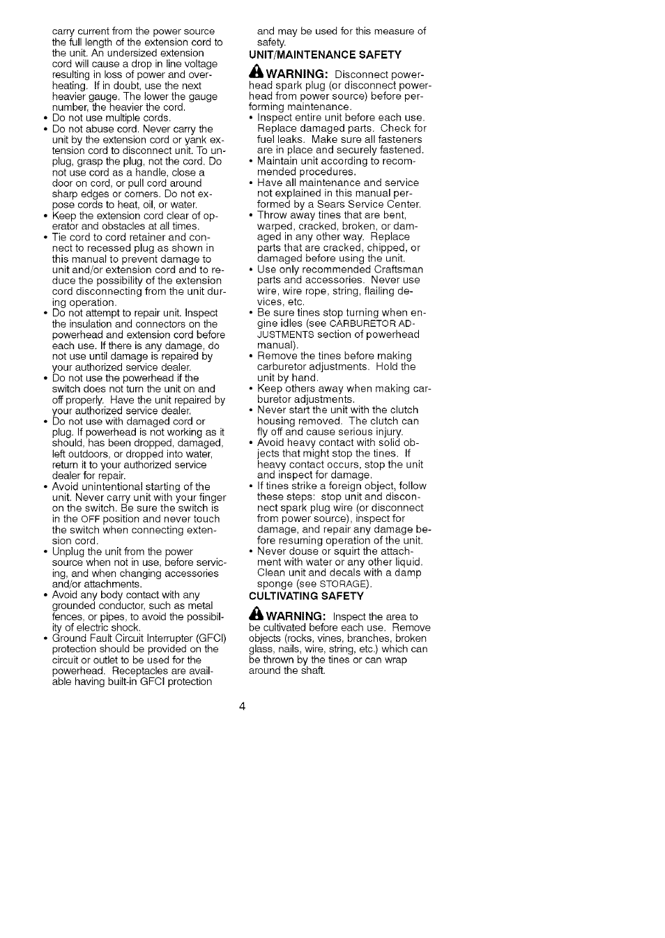 Unit/maintenance safety, Cultivating safety | Craftsman 944.511580 User Manual | Page 4 / 9