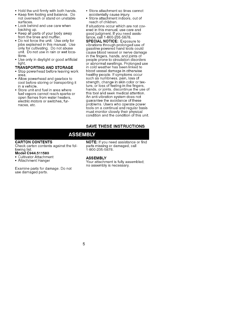 Transporting and storage, Assembly, Carton contents | Craftsman 944.511580 User Manual | Page 5 / 9