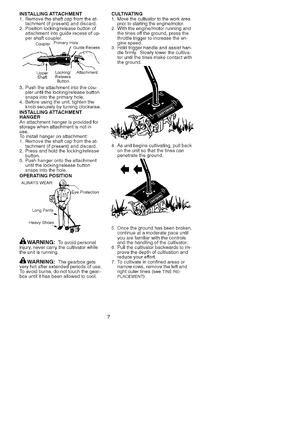 Installing attachment, Hanger, Operating position | Cultivating | Craftsman 944.511580 User Manual | Page 7 / 9