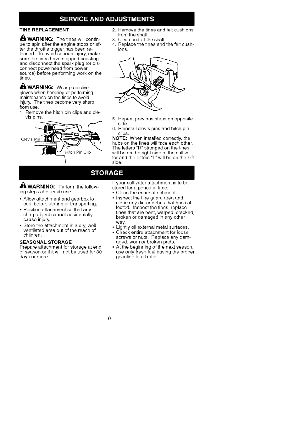 Service and adjustments, Tine replacement, Storage | Seasonal storage | Craftsman 944.511580 User Manual | Page 9 / 9