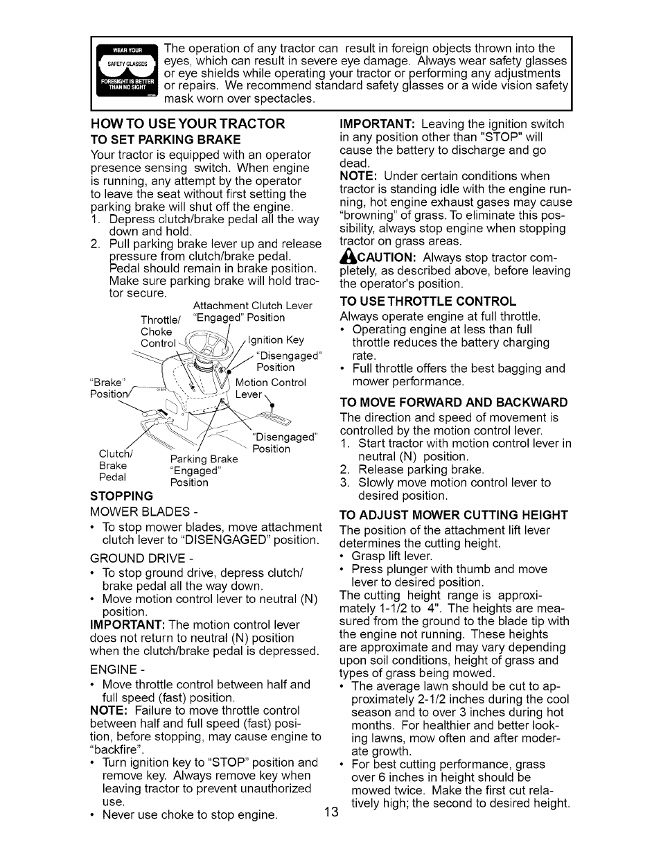 Howto use your tractor to set parking brake, Stopping, To use throttle control | To move forward and backward, To adjust mower cutting height | Craftsman Dlt 3000 917.275820 User Manual | Page 13 / 56