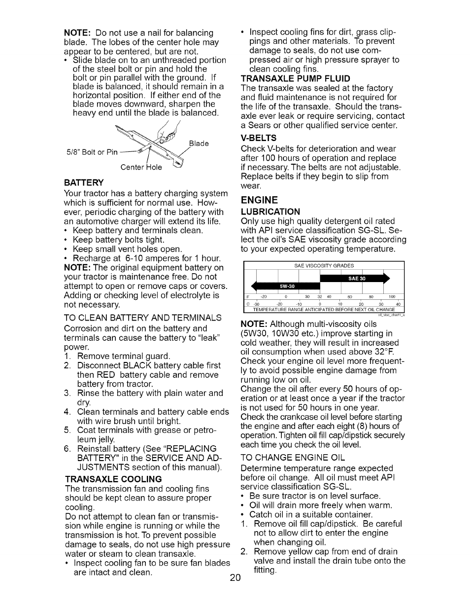 Battery, Transaxle cooling, V-belts | Engine, Lubrication | Craftsman Dlt 3000 917.275820 User Manual | Page 20 / 56