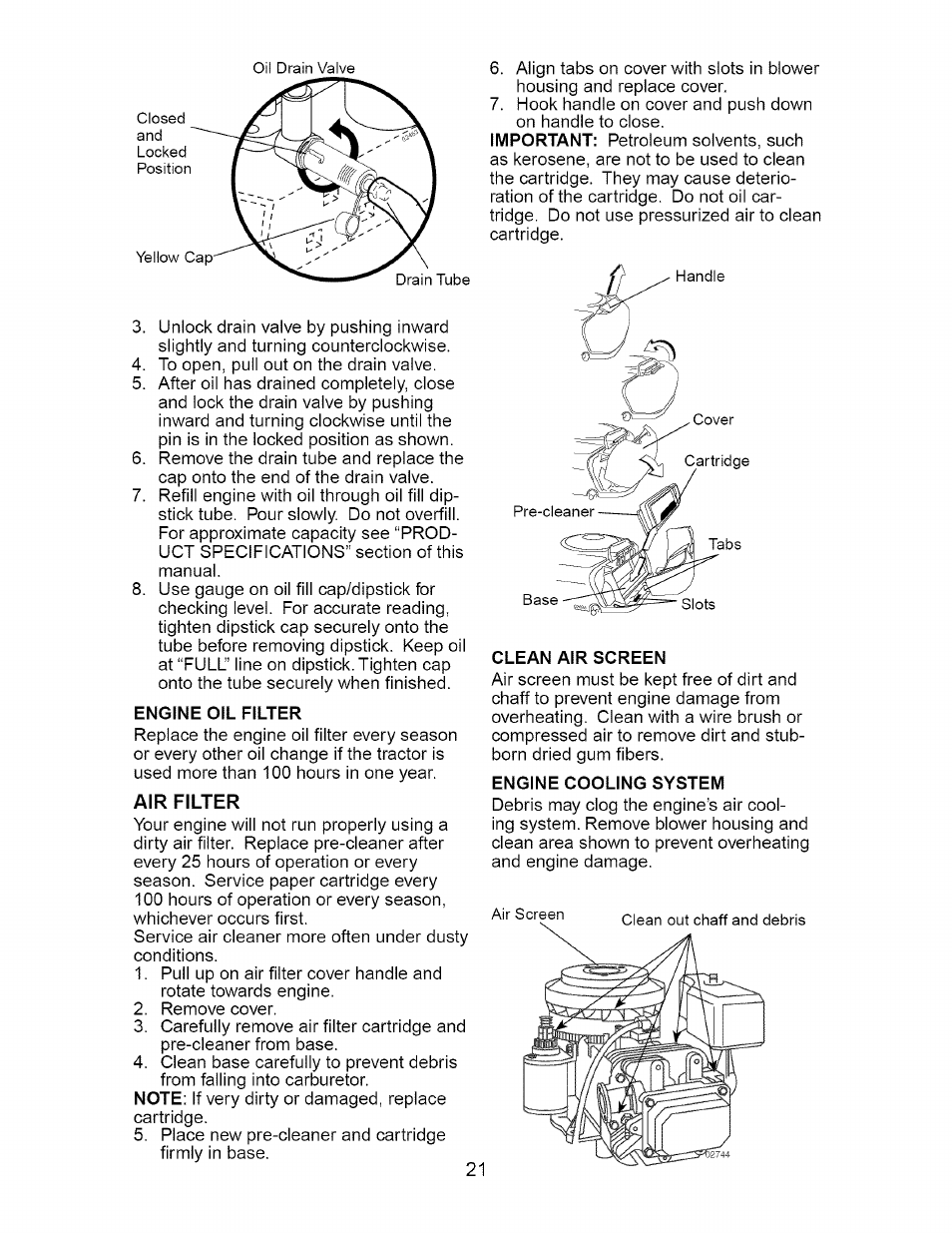 Engine oil filter, Air filter, Clean air screen | Engine cooling system | Craftsman Dlt 3000 917.275820 User Manual | Page 21 / 56