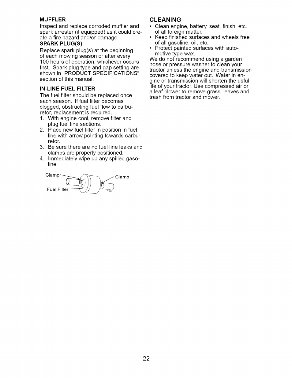Muffler, Spark plug(s), In-line fuel filter | Cleaning | Craftsman Dlt 3000 917.275820 User Manual | Page 22 / 56