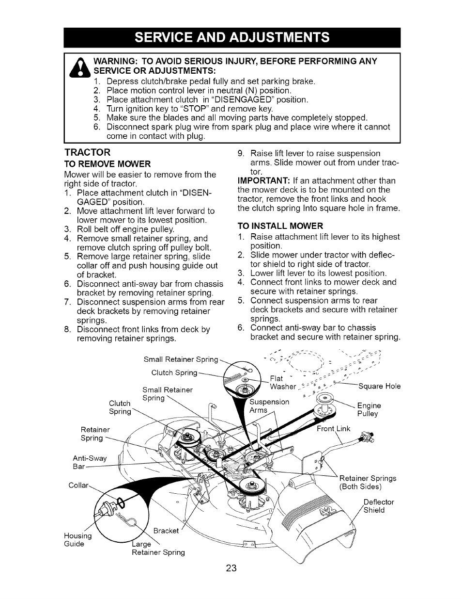 Service and adjustments, Tractor, To remove mower | To install mower | Craftsman Dlt 3000 917.275820 User Manual | Page 23 / 56