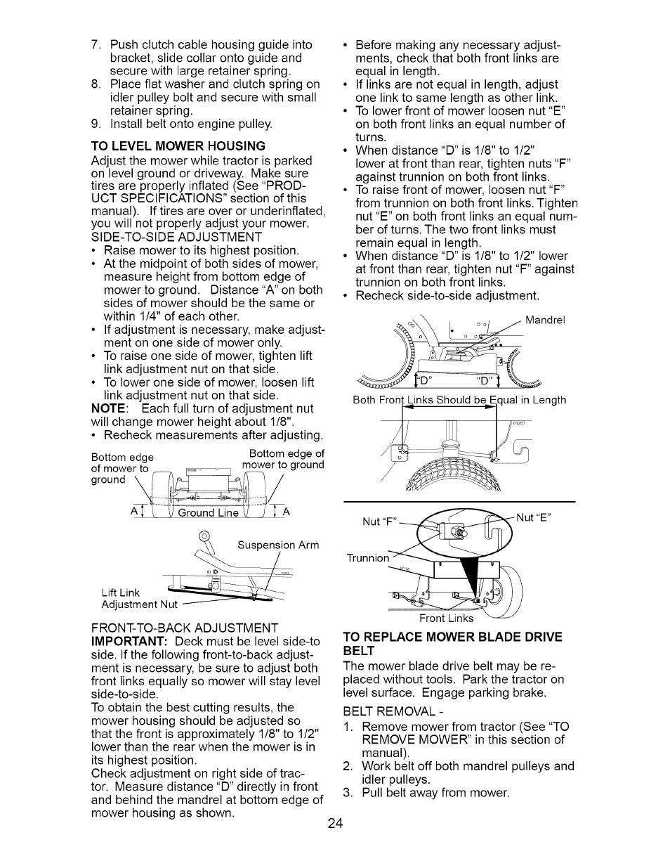 To level mower housing, To replace mower blade drive belt | Craftsman Dlt 3000 917.275820 User Manual | Page 24 / 56