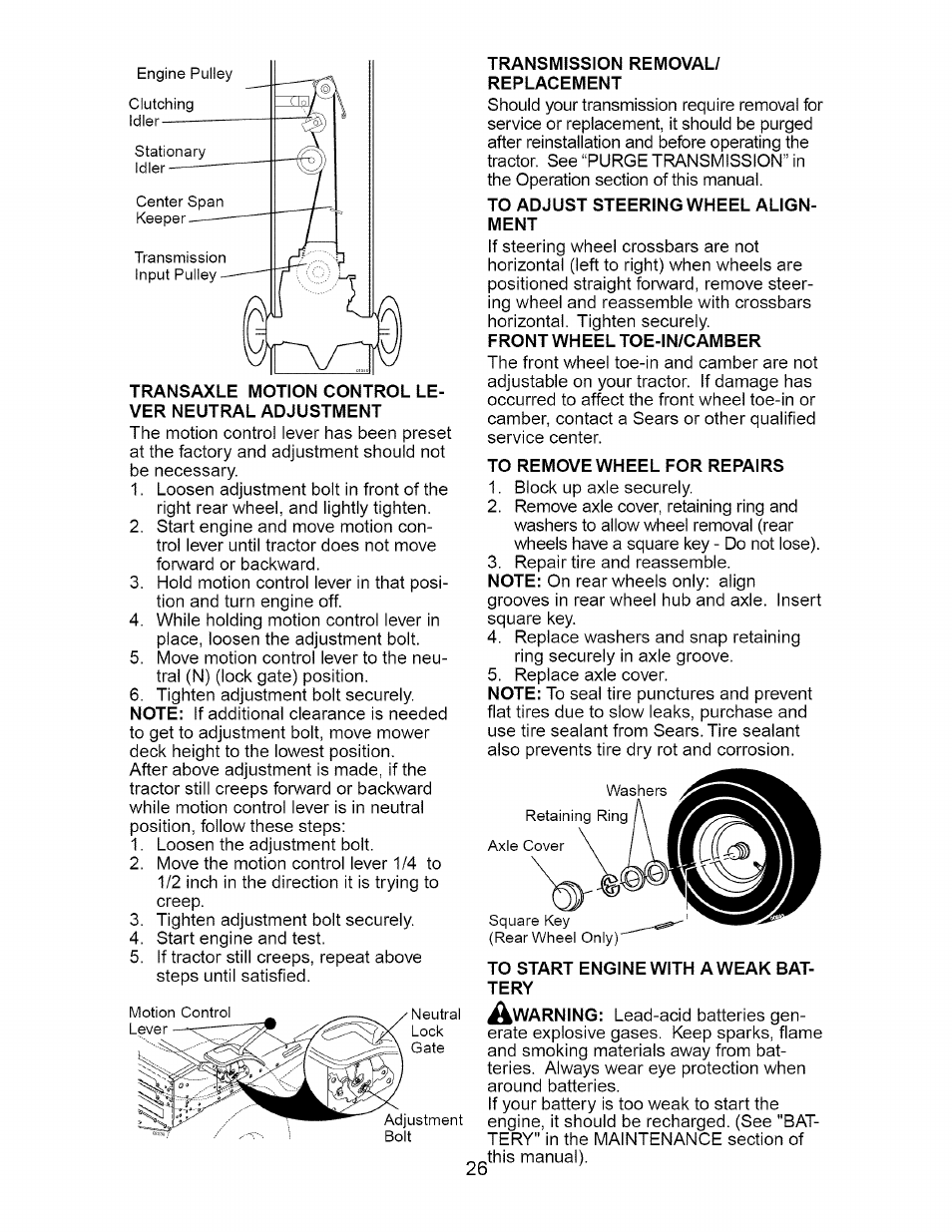 Transaxle motion control lever neutral adjustment, Transmission removal/ replacement, To adjust steering wheel alignment | To remove wheel for repairs, To start engine with a weak battery | Craftsman Dlt 3000 917.275820 User Manual | Page 26 / 56