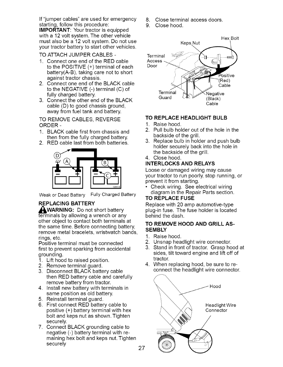 Replacing battery, To replace headlight bulb, To remove hood and grill assembly | Craftsman Dlt 3000 917.275820 User Manual | Page 27 / 56