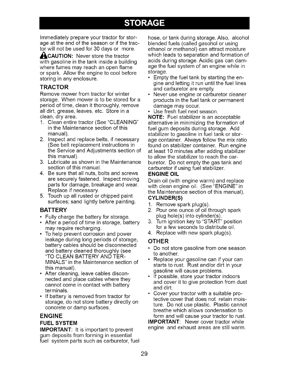 Storage, Tractor, Battery | Engine oil, Other | Craftsman Dlt 3000 917.275820 User Manual | Page 29 / 56