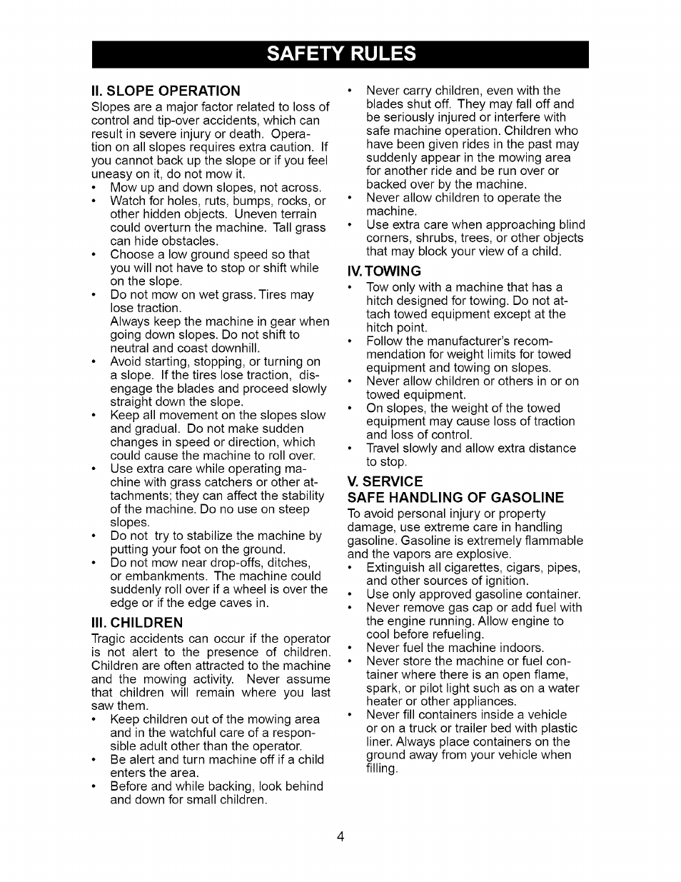 Ii. slope operation, Iii. children, Iv. towing | V. service, Safe handling of gasoline, Safety rules | Craftsman Dlt 3000 917.275820 User Manual | Page 4 / 56