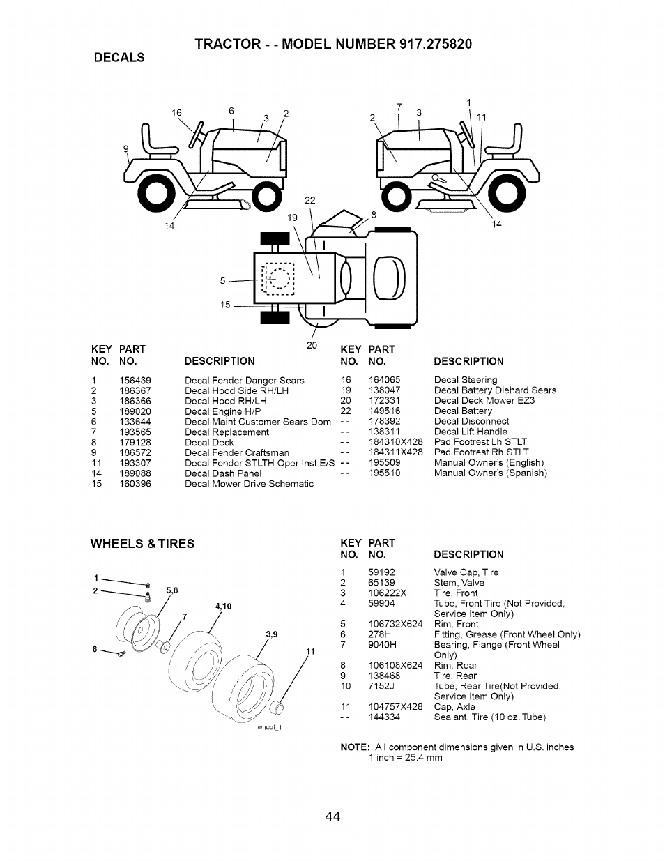Decals, Wheels & tires | Craftsman Dlt 3000 917.275820 User Manual | Page 44 / 56