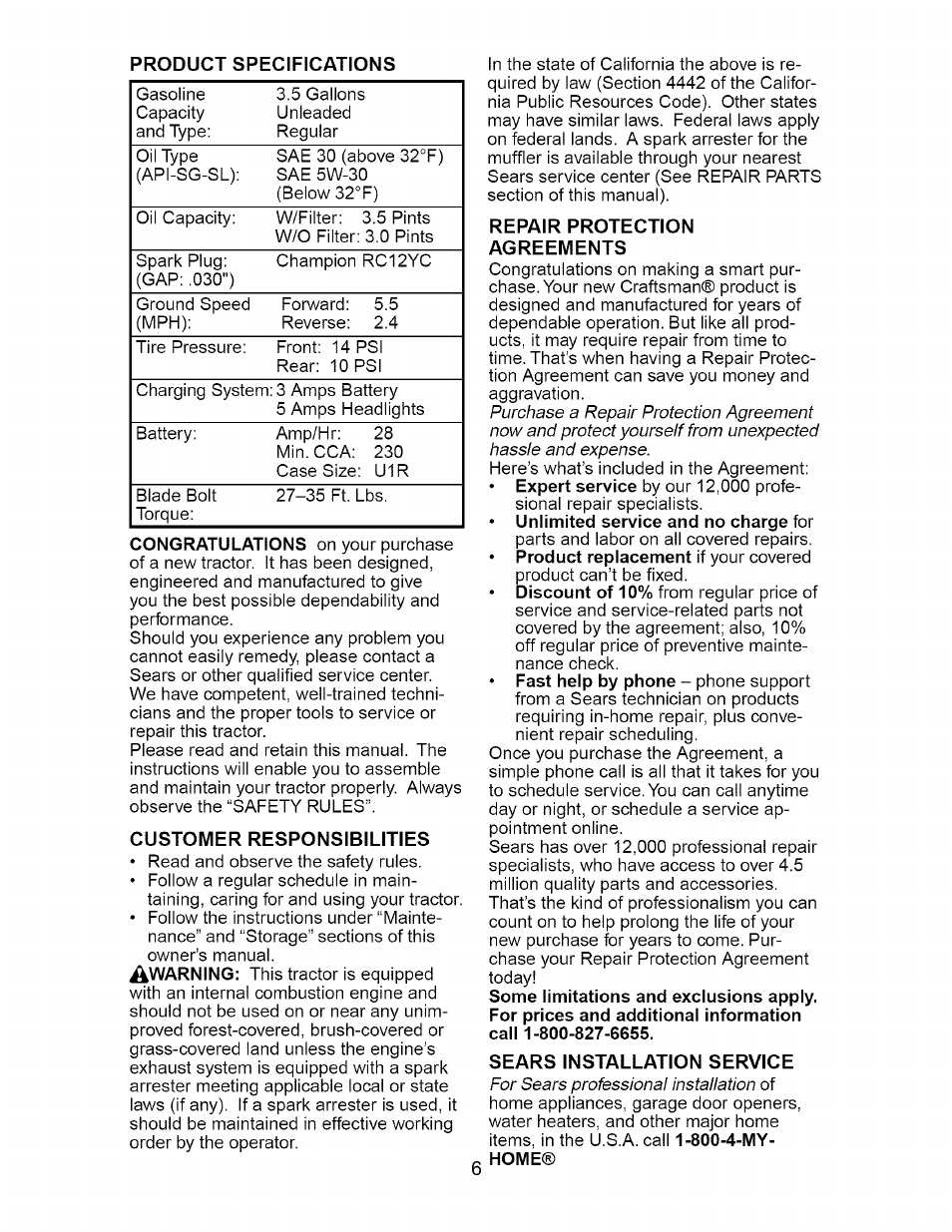 Product specifications, Customer responsibilities, Repair protection agreements | Sears installation service | Craftsman Dlt 3000 917.275820 User Manual | Page 6 / 56